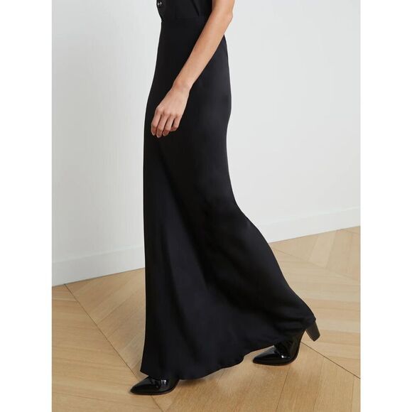 New $310  L’agence Zeta Black Satin Maxi Skirt Sz Medium New Wedding  Cocktail - Picture 3 of 9